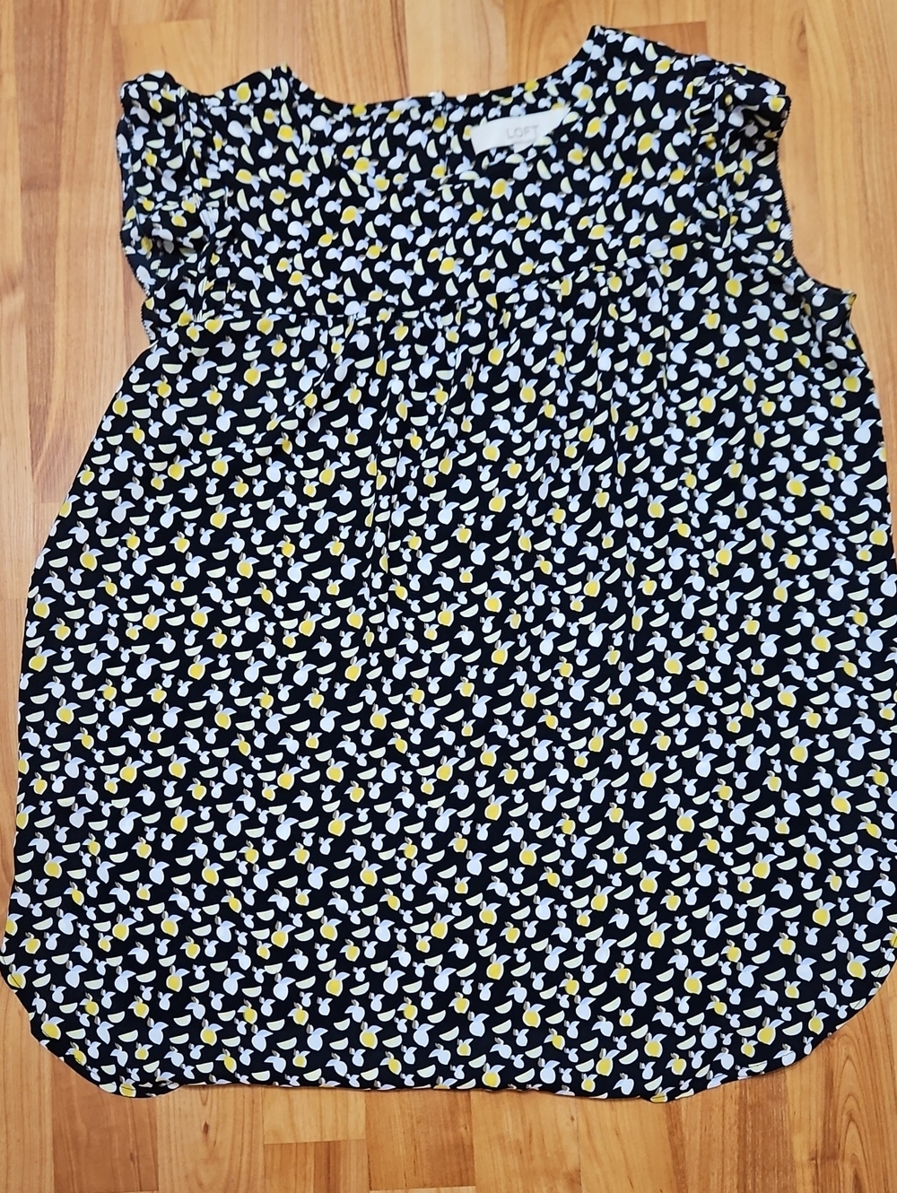 LOFT Navy Floral-Print Ruffle Cap-Sleeve Blouse